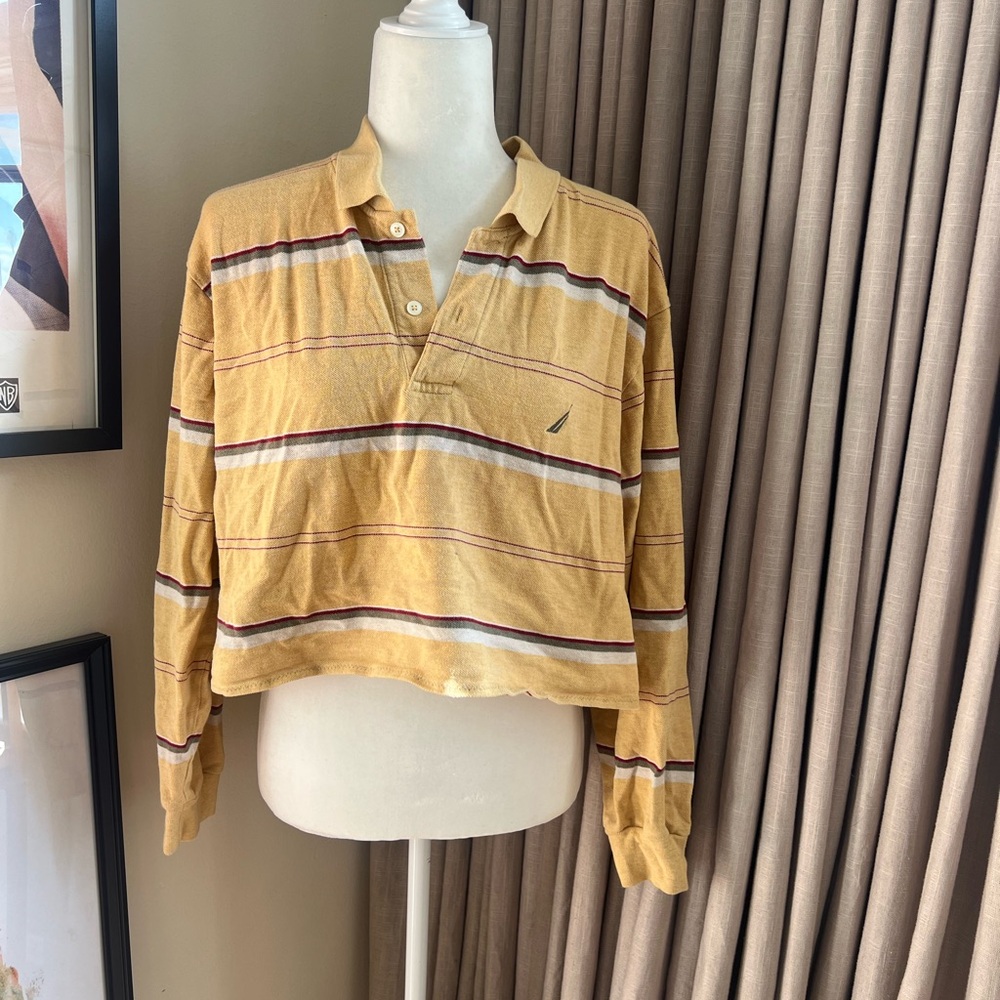 Nautica Yellow Striped Cropped Polo Top